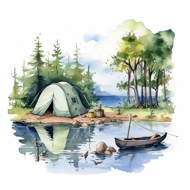an enchanting watercolor clipart image with a white background and white margins, showcasing a lakefront campsite with a tent pitched and a fishing pole nearby. The ultra-detailed, hand-drawn elements capture the serene lake, campfire, and outdoor activities. Use vibrant shades of blue and green to create a visually appealing and refreshing image that conveys the joy and relaxation of camping by the lake.