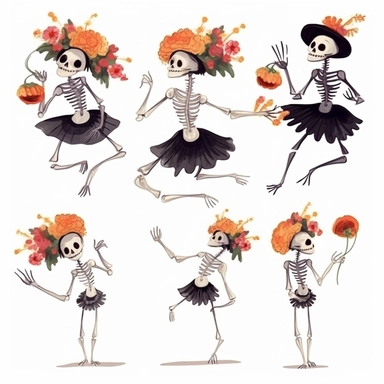 collection halloween dancing skeleton wiht flowers, clipart, white background