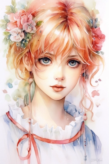 Fairy tale girl with a beautiful innocent anime style 80s painting Watercolor clipart, hugh eyes, sarah kay and holly hobbies