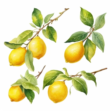 Watercolor clipart of five vibrant lemons on long branch with lush green leaves, The watercolor medium beautifully captures the essence of lemons, with their bright yellow hues blending seamlessly into subtle gradients, creating a sense of depth and texture. The delicate brushstrokes bring out the natural curves and contours of the lemons, while the leaves add a touch of organic elegance to the composition. These watercolor lemons with leaves are perfect for adding a splash of zest and vibrancy 