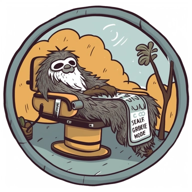 morale patch showing a sleeping sloth in barber Hairstylist chair with hair like from eraserhead. clipart