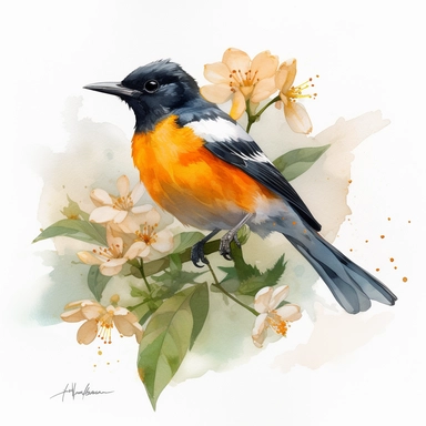 watercolor for a clipart with a white background of a baltimore oriole on a twig with leafs and blooming flowers, realism, painted by jeremy mann