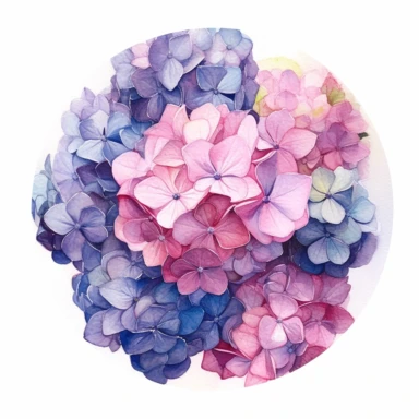 watercolor, hyper realistic, white background, white margins, 16k, ultra detailed clipart, cut out image, hand-drawn a cluster of hydrangea flowers with pink and purple petals, arranged in a circular pattern.in the style of opacity and translucency, impressionist colorism, colorful arrangements