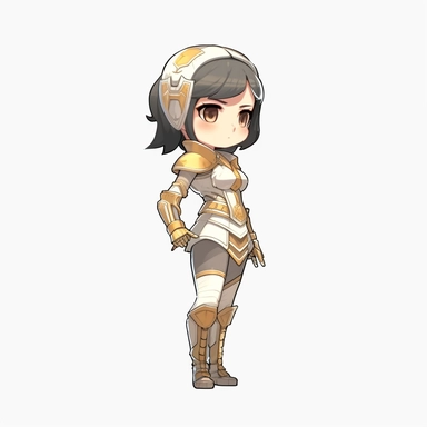 SD 2d vector female game character, white and gold theme, light dress armor with gloves, decent detailed cloth and armor, sticker, outline, clipart, white background, side view