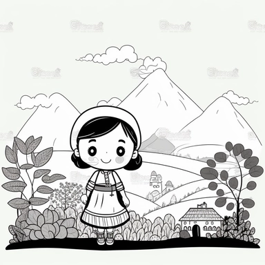 Landscape, simple, traditional costume, local food, animal, educational, history, and cultural diversity, clipart style, cute, picture book style, captivating, kid friendly cute character, black and white, coloring book, not color style, cartoon style, vector image, simple, line art style, character, white background
