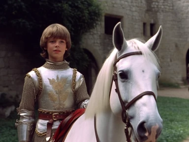 arthur as a young squire is walking next to a white horse, medieval clothing, vhs clip of 1981 movie the grail, in the style of home video, in motion, film still