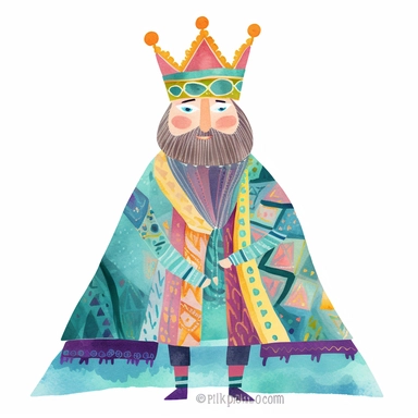 coronation king Britain one isolated on white background, clipart, loose, watercolour gouache, textured, paper, naive folk art, whimsical, Lilla Rogers agency illustrator, isometric perspective, storybook style, bright colours, turquoise, teal, pink, purple, orange, yellow, blue, subtle patterns, stripes, dots, floral