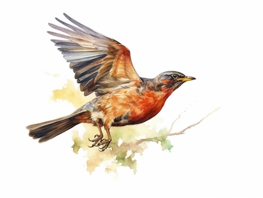 Redwing flying Watercolor isolated on white background, Watercolor Clipart painting, high quality, HD, children's book illustrations, realistic lifelike figures, white background