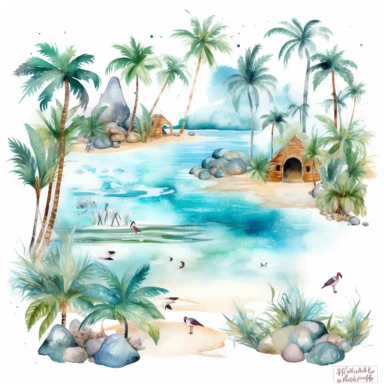 Tropical island beach clipart set isolated on white, watercolor, turquoise - - no photograph