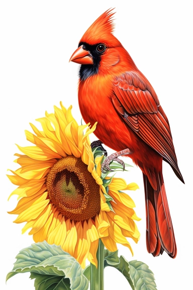 northern red cardinal on sunflowers, original hand drawing, watercolor, understated and flawless coloring image, realistic image, transparent background, realistic painting, portrait without writing clipart, plain isolated white background, 8k ultra detail high sharpness
