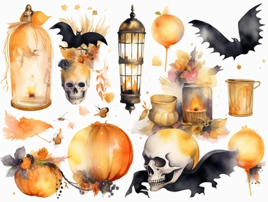 halloween party watercolor clipart, gold, single design, 8k
