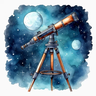 a telescope looking at the night sky simple watercolor drawing for children book clipart, white background, watercolor sophisticated drawing
