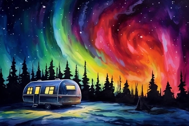 northern light camper scene, watercolor, colorful, bright vibrant, black background, clip art