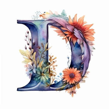 Watercolor illuminated initial, letter D , Clipart, D, witchy, magical, whimsical , white background, png