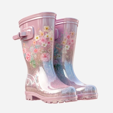 Watercolour illustrated animated cartoon style iridescent glitter pastel pink baby wellies top front view with flowers around them intricately detailed animated pastel pink welly boots , PNG image,transparent background ,ultra highly detailed, 18k, sharp focus, bright photo with vibrant colours, digitally enhanced, enhanced graphics, png format, straight, sharp focus, bright lighting, intricate detailed png image ,high definition,300dpi,graphic clipart,computer graphics