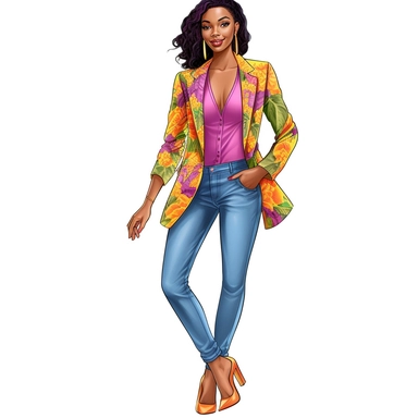 ultra realistic, clipart, hand-drawn, young African American woman is wearing a vibrant and colorful suit jacket, jeans that fits her curvy hips, she has glowing skin. She completes her outfit with a pair of simple and elegant high heels that complement the suit jacket. Her her ultra long, ultra straight silk pressed hair is carefully styled, framing her face and cascading down her back. Her confident and radiant smile adds to her beauty and grace, making her stand out in any crowd.