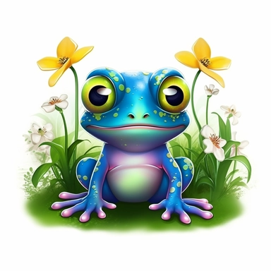 cute blue frog with big round eyes flowers, Illustration clipart, 4K, extremely detailed
