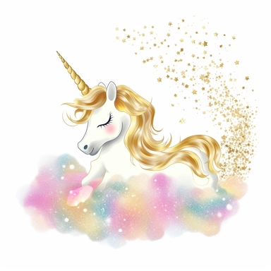 one gold glitter unicorn clipart with a rainbow an fluffy gold clouds,, white background