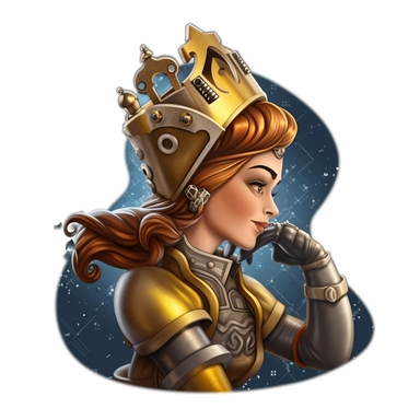 Sticker clip art of a regal female welder character wearing a beautiful crown, with an arc connecting the crown and her welding torch, rendered as a Pixar 3D animation in 32k resolution, taking inspiration from the artistry of Brenda Chapman. The scene features a poised and elegant female welder wearing her protective gear, including a sophisticated welding helmet adorned with intricate, swirling patterns and embellishments. Resting majestically atop her helmet is a stunning, ornate crown, featu