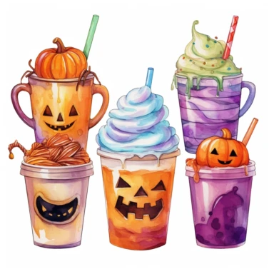 Watercolor cartoon different coffee beverages in different color cups lattes iced coffees with whipped cream halloween scary pumpkins cliparts isolated on a white background, colors purple, teal, orange, yellow high quality, extremely detailed