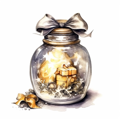 charming glass jar filled with Christmas magic and wonder, watercolour clipart, silver and gold colors, I can't believe how beautiful this is