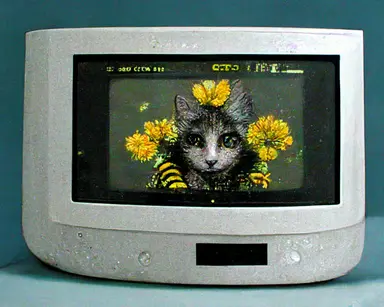 boxy retro gray CRT computer monitor COMPAQ PRESARIO displaying web browser, photo of wet cat in bee costume, hi this is my geocities for my cat named bee who loves flowers, Word Wide Web 90s website aesthetic, comic sans tacky clipart, glitch style