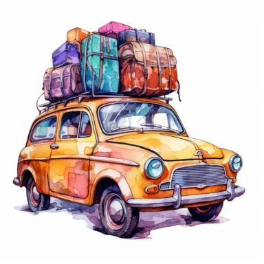 Cute Beautiful car with moving baggage on it Watercolor Sublimation Clipart, Cartoon, hyper realistic, intricate detail, illustration style, high solution, , in the style of colorful caricature, digital art techniques, light amber and magenta, colorful drawings, nostalgic paintings, dazecore, on the white backgrounds