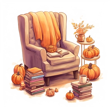 A fall setting with a cozy chair, pumpkin spice latte, books, candles and thematic assets. On white background, golden hour, pixel art , style by Lucy Fleming, watercolor, smooth gradients, black contour outline, ultra detailed, clipart elements, delicate pastel colors, solid white background, super clear, high quality