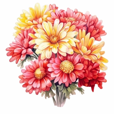 watercolor Chrysanthemum bouquet clipart, red flower, yellow center, white background,clear background, realistic watercolor painting, dreamy and romantic
