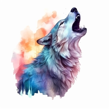 watercolor illustration of a beautiful and cute Wolf howling at the moon in nature dual exposure clipart, in the style of realistic watercolor paintings, realistic, detailed, bright colours, white background, clipart, detailed