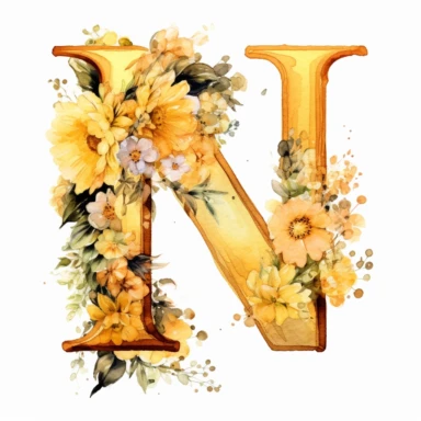 watercolor, Clipart, Golden Monogram, Capital Letter [N] decorated with white flowers, yellow tone