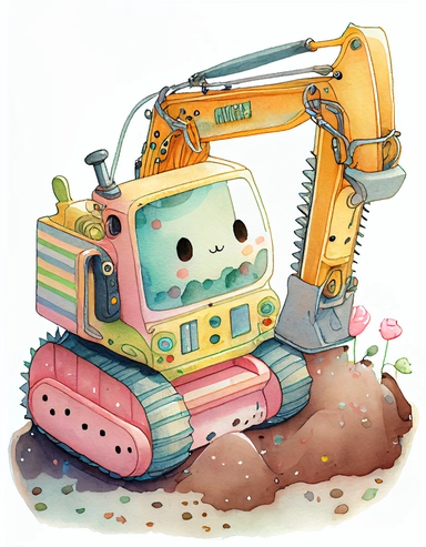 detailed watercolor kawaii excavator, isolated on a white background, clipart
