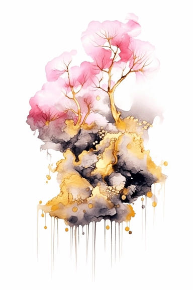 beautiful gorgeous alcohol ink of gold serene nature scene with a central focus on a pink icebird, gentle wave , minimalist style, crystals, glam, glossy, glitter texture, liquid ink clipart, modern and stylish design, bright colors, 300 dpi, clear decoration, clear white background, highly detailed digital art, 8k