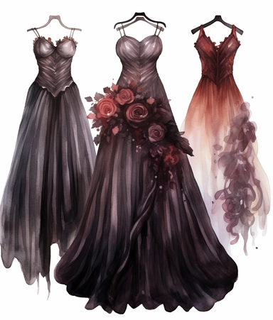 4 watercolor illustration goth wedding dress, in the style of dark palette chiaroscuro, romantic motifs, dark maroon and bronze, matte photo, naïve, inventive, romantic floral motifs, clipart, white background