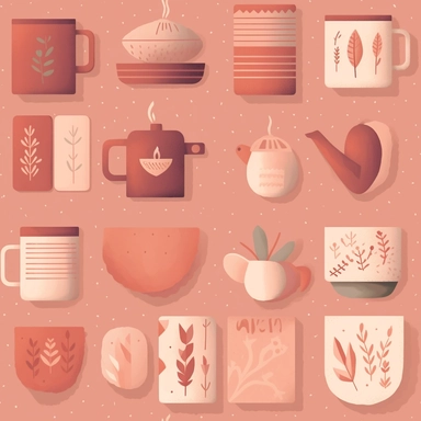 An image filled with loving, homely items that symbolize motherhood, such as a steaming coffee mug, a calming candle, a comfy pillow, and a heart-shaped pendant, all crafted in a paper-cut style. Each item interlinks seamlessly, set against a soft, pastel-toned backdrop, creating an enchanting pattern that encapsulates the warmth and care associated with a mother's love. in Clipart style