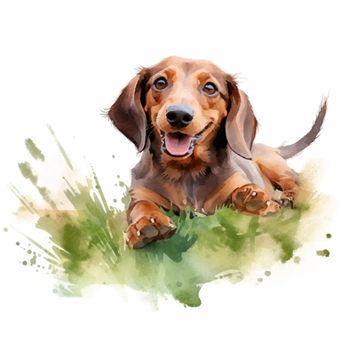 a playful watercolor clipart image of a Dachshund dog with a white background, rolling in the grass