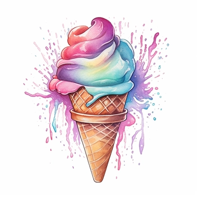 an enchanting watercolor, hyper-realistic clipart image with a white background and white margins, featuring a cone of soft-serve ice cream with a swirl on top. The ultra-detailed, hand-drawn elements capture the creamy texture and vibrant colors of the ice cream. Use whimsical touches to add a sense of delight, and bold shades of various colors to evoke the sweet and refreshing nature of this beloved fast food treat.
