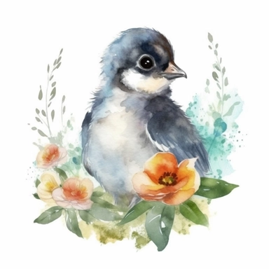 a Cute Happy Baby Penguin in the style of Watercolor Kate Greenaway Clipart, White Background