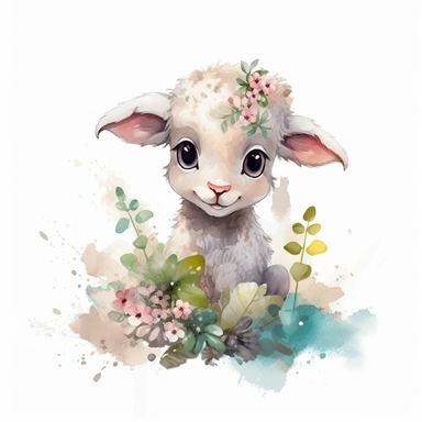 a moving baby lamb with cute big eyes, happy smiling face, cute animal, adorable, playful atitude, astrology, adorable watercolor animal clipart with a few plant and flowers decor, no background, high quality very sharp with clear focus