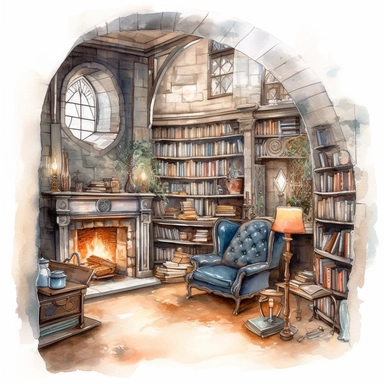 watercolor, hyper realistic, white background, white margins, 16k, ultra detailed clipart, cut out image, hand-drawn, whimsical A secluded library in a castle with a roaring fireplace, a comfortable leather chair, and antique books illuminated by candlelight.