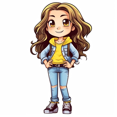 girl doll style smiling, black contour thin lines, arms crossed, yellow jeans, sneakers, long disheveled hair, cartoon clipart, cute eyes, illustration for kids, disney