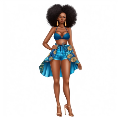 full body fashion black girl in a blue bikini clipart, hd