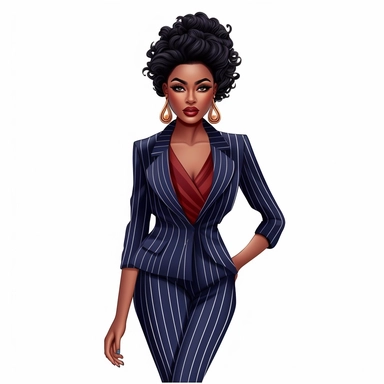 match this image style and render a full body perspective of a confident business woman in a navy pinstripe suit, shapely legs and and navy heels, 2d clipart illustration, white background