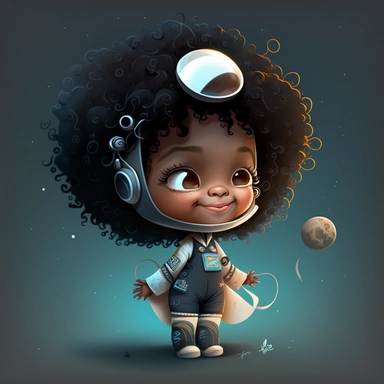 Happy Black Girl Astronant on the moon ,Cheer full , Curly hair, Black Girl clipart, Funny African American Girl , Humorous , funny , smiling in outter space in alien spacecraft , moon child png, Highly detailed close-up portrait , African american Astronaut Girl , Black Girl on the moon , , standing on the moon , Nicoletta Ceccoli, Mark Ryden, lostfish, Earl Nor, global lighting, divine rays, detailed and intricate surroundings, sf, intricate artwork masterpiece, ominous, matte painting movie p