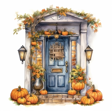 watercolor and colored pencil illustration of a quaint front door at halloween, highly detailed, realism, isolated on white background, high resolution clipart
