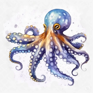 watercolor, Octopus has a glittering blue and gold body. png Full body realistic cartoon in 32K UHD cute. 15 cm thick outline. There was no shadow on the ground. 8k with realistic watercolors and detailed illustrations. PNG clipart, transparent white back
