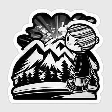 cartoon, clipart, modern, clean crisp lines, black and white color sceme, alaska winter, sticker