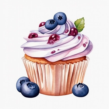 light Watercolor Yummy blueberry cup cake clipart, hd, single object, white background, no text watermark