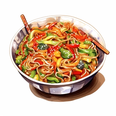 Japchae (Stir-fried Glass Noodles) logo watercolor,simple Watercolor, hyper realistic, white background, white margins, 16k, ultra detailed clipart, cut out image, hand - drawn, whimsical manhwa style, ultra HD, sharp and clean art