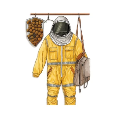 A detailed drawing of a beekeeper's suit, highlighting the protective layers, mesh veil, and gloves, hanging on a hook near a beehive, ready for use. (Digital drawing clipart, image black border color, full body, flat texture, transparent background)